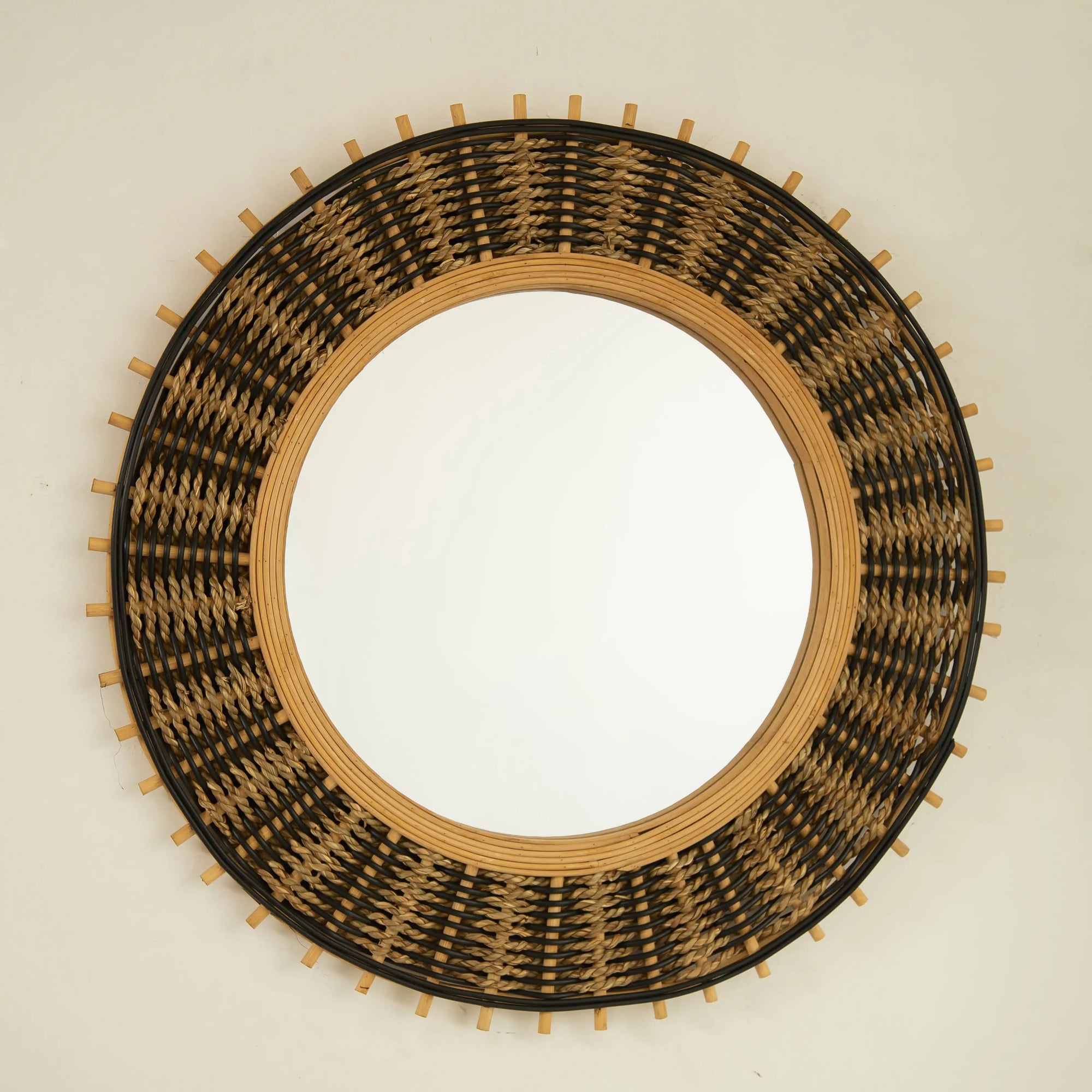 23-inch round bamboo mirror with handwoven natural and black detailing | Ace Decor