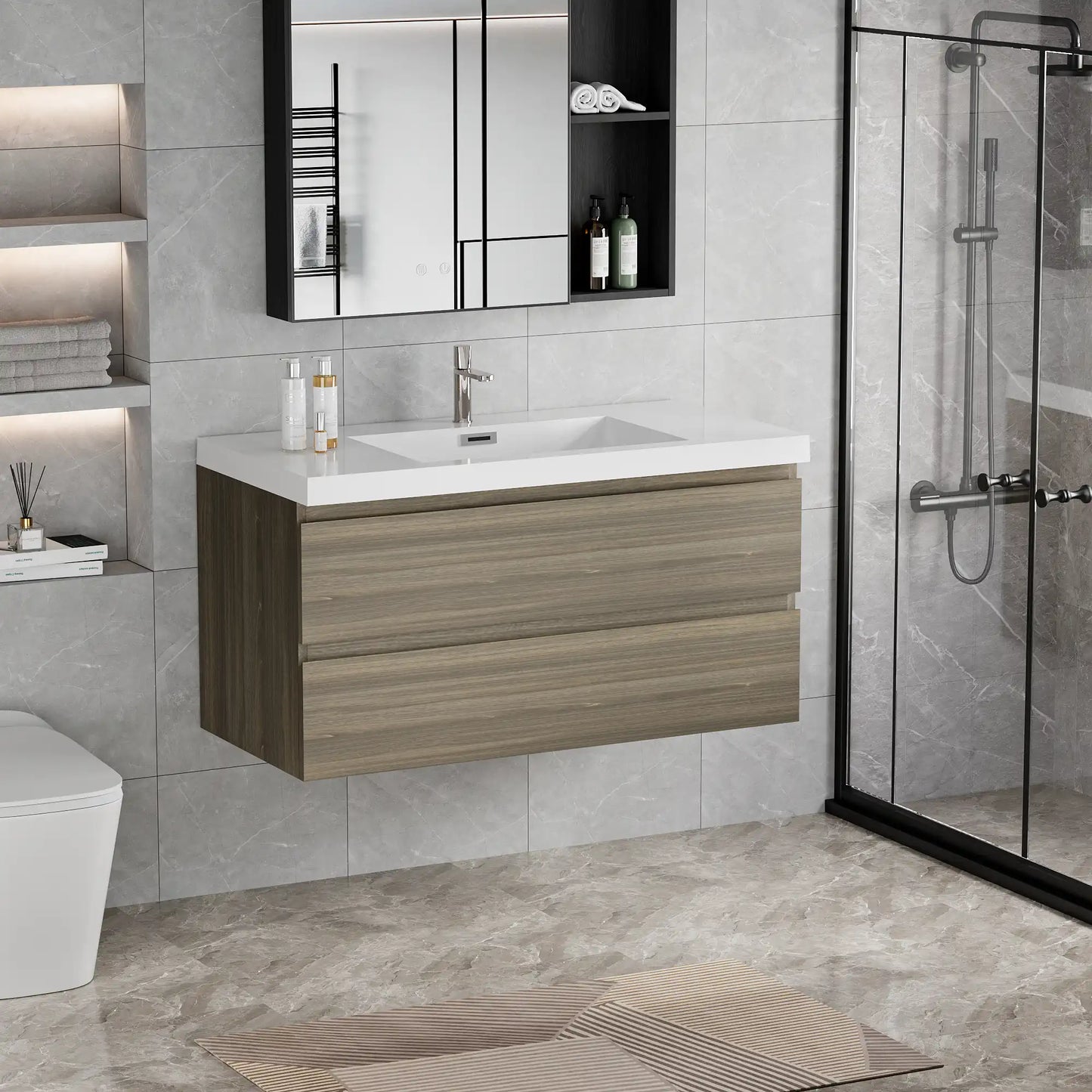 Floating Bathroom Vanity with Resin Top Basin & Soft Close Drawers - Modern Wall-Mounted Storage Cabinet color: Ash Grey