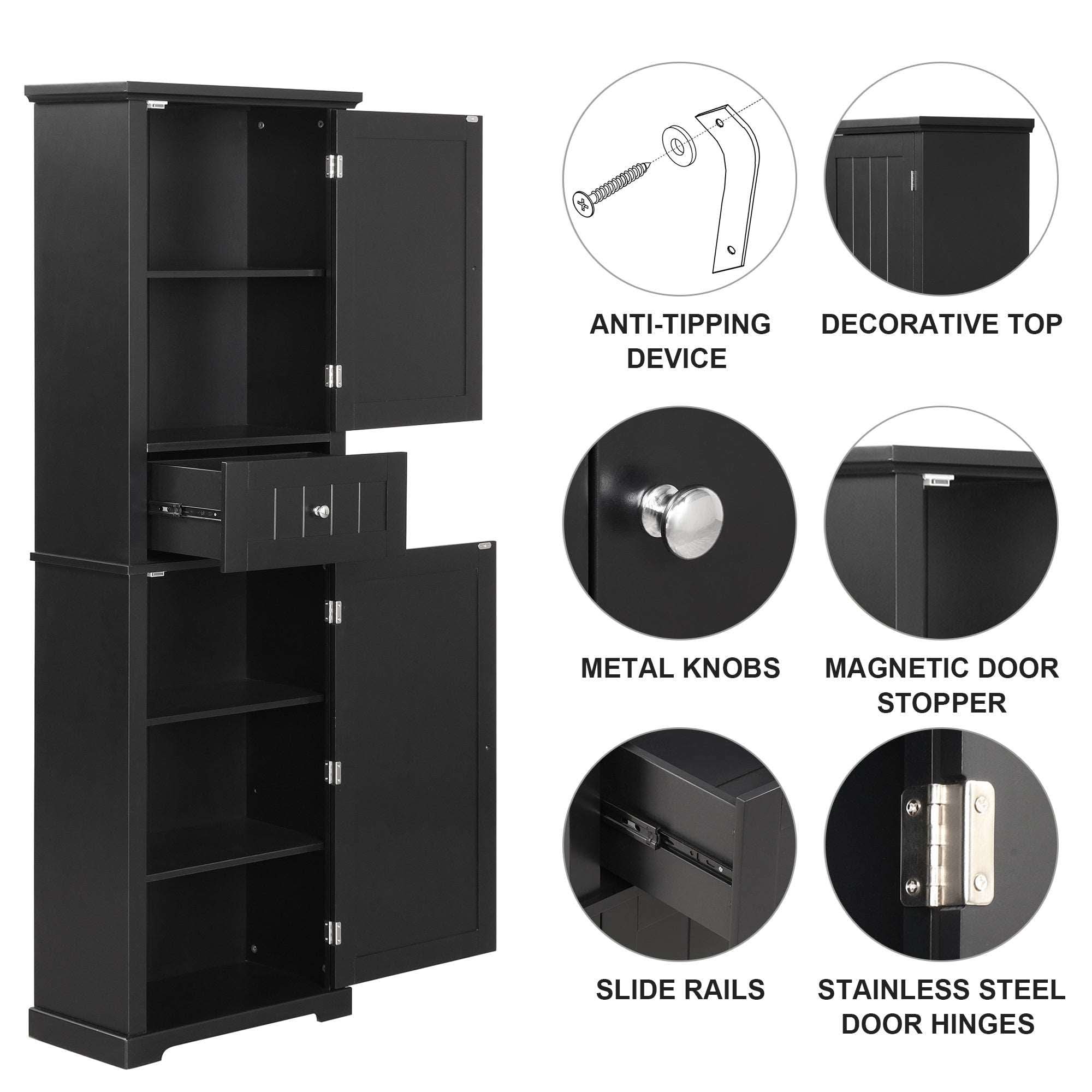 Detail view of Norrin 67.3 inch black bathroom storage cabinet, high quality hardware including slide rails,magnetic stopper, anti-tipping device and durable metal hinges.