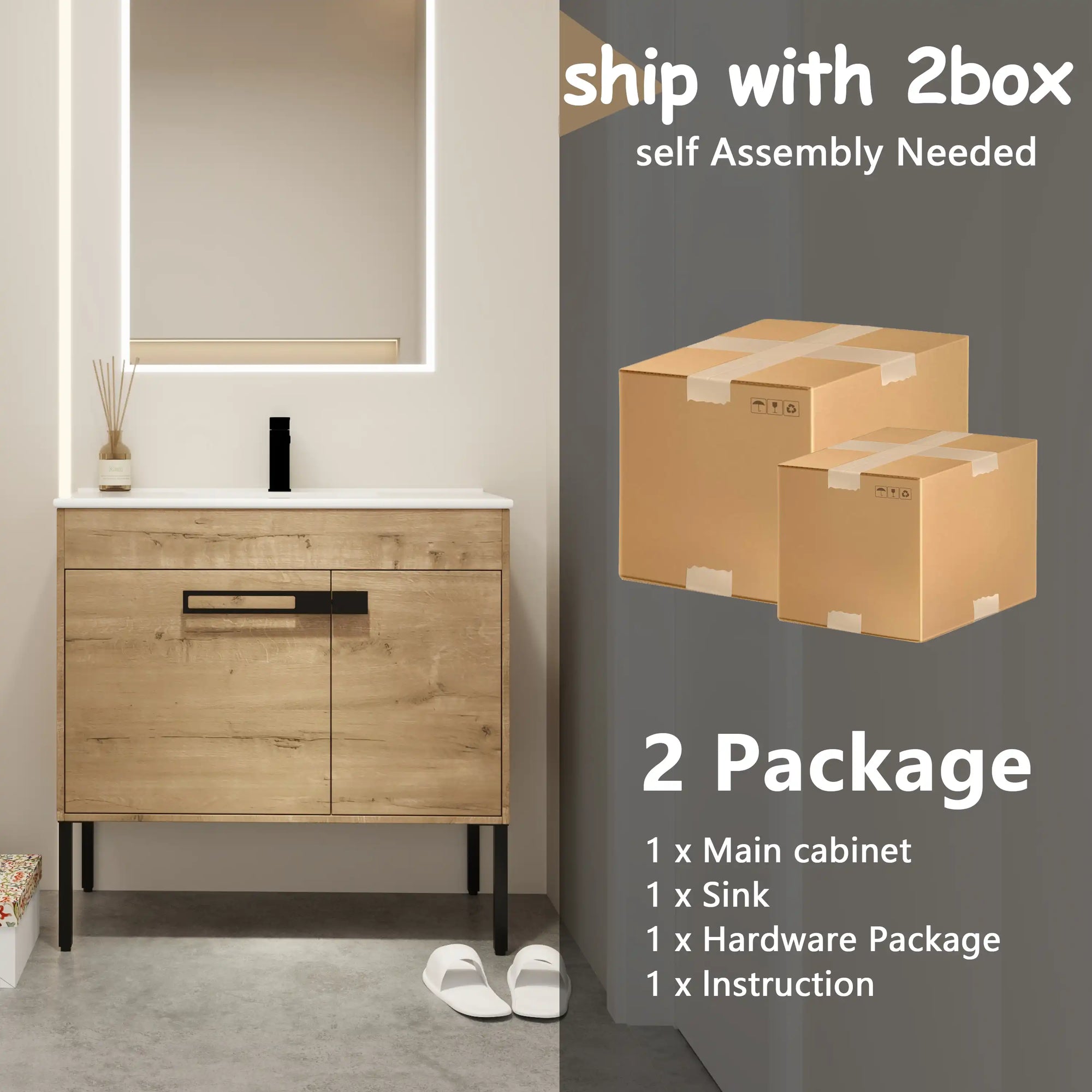 36" freestanding 36 inch bathroom vanity shipped in two boxes with cabinet and sink for self-assembly | Ace Decor