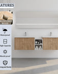 Monterey Series 72" Double Floating Bathroom Vanity in Imitative Oak with Side Cabinet and Integrated Sink