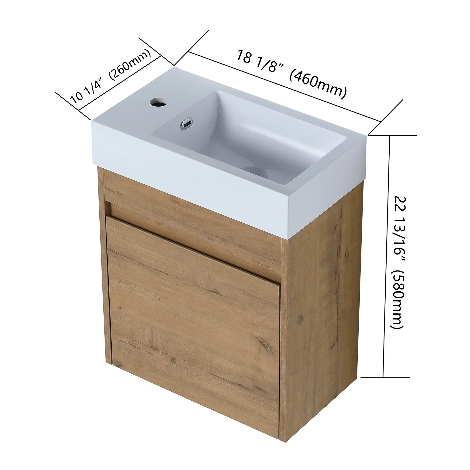 Dimension diagram of 18" wall mount bathroom sink vanity with detailed measurements for wall installation | Ace Decor