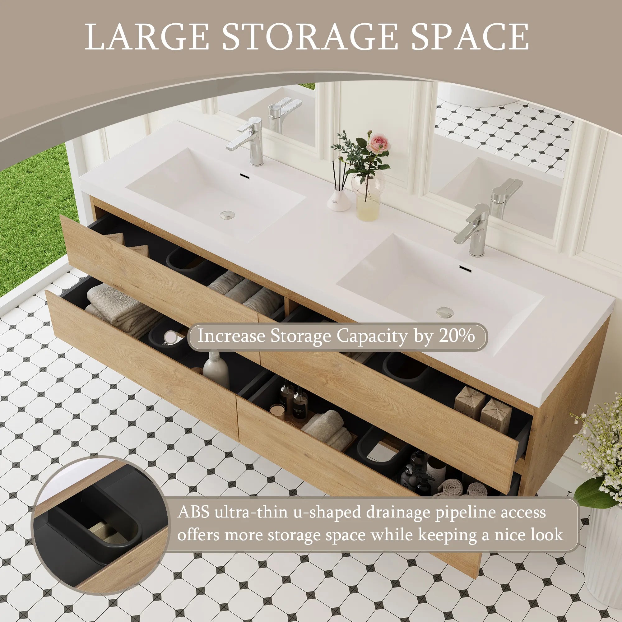 72-inch light oak wall-mounted double sink vanity with four storage drawers.