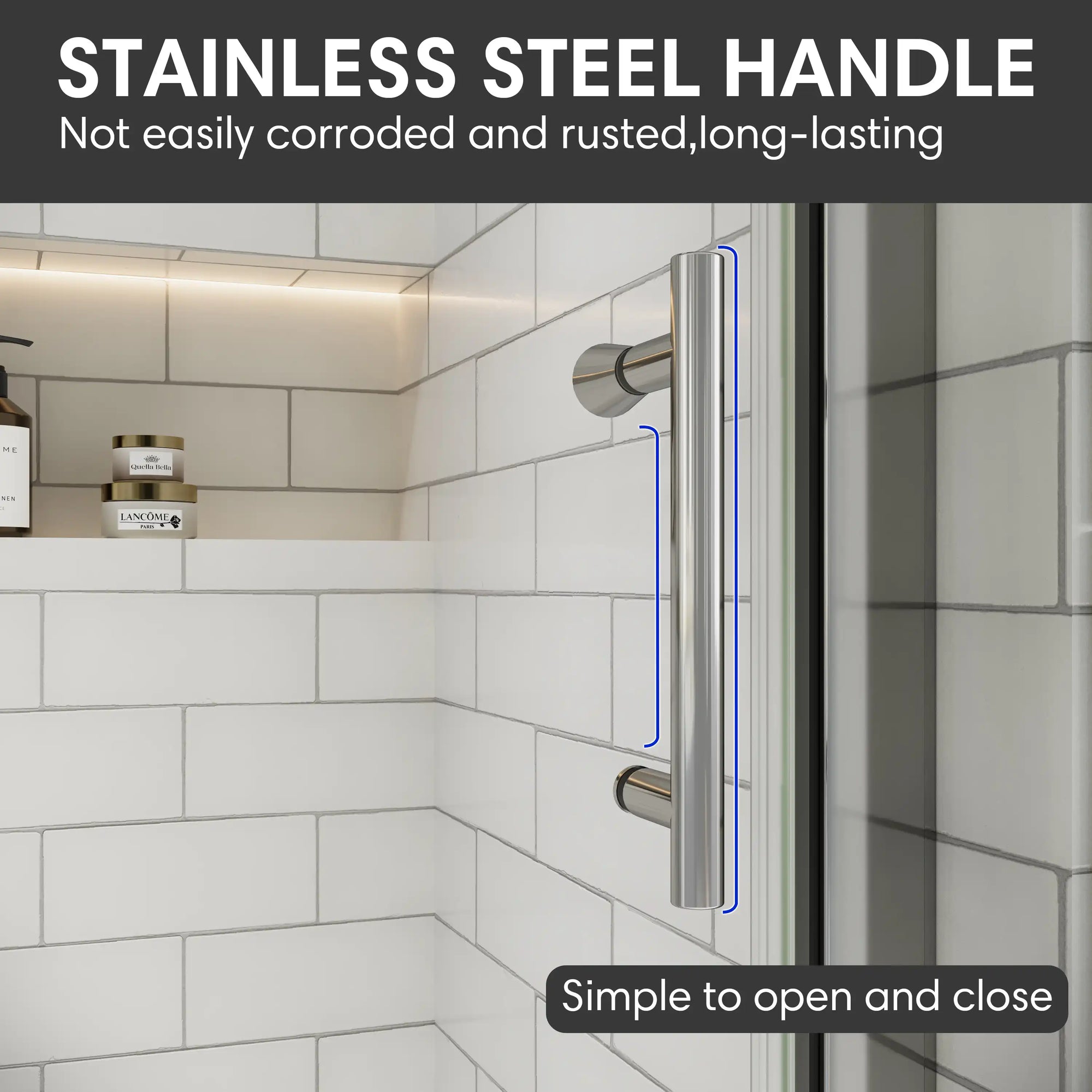 Chrome shower door handle on clear glass with white subway tile background.