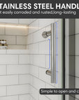 Chrome shower door handle on clear glass with white subway tile background.