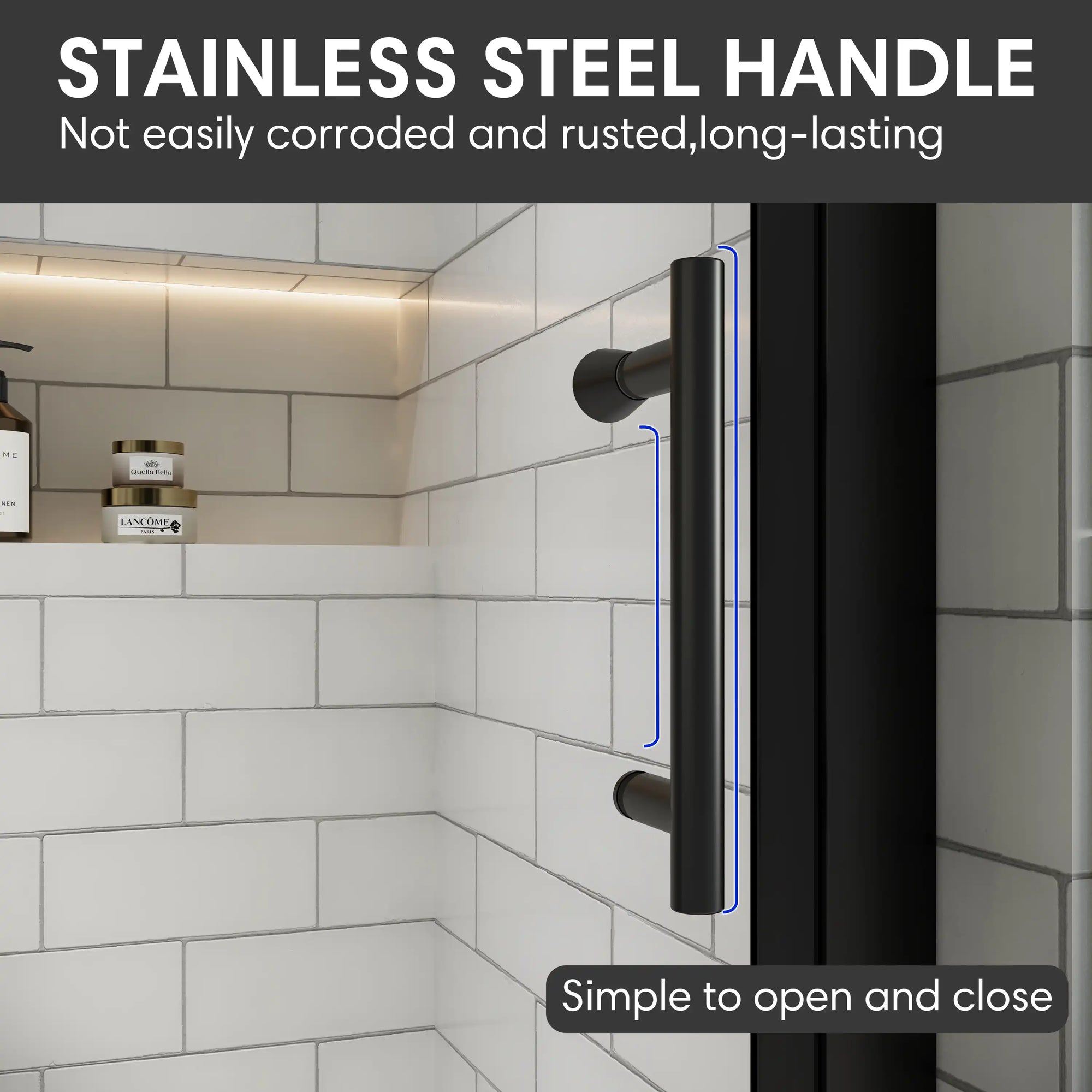 Matte black shower door handle on clear glass with white subway tile background.