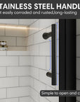 Matte black shower door handle on clear glass with white subway tile background.