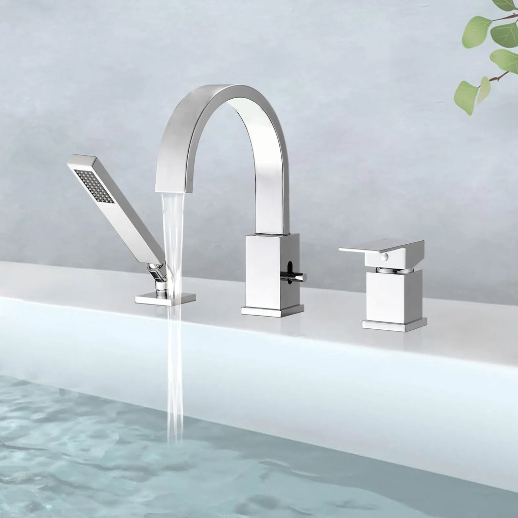 FLUNIX Chrome Waterfall Roman Tub Faucet filling bathtub with running water.
