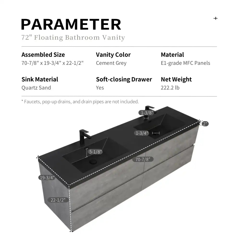 Dimensions and specifications of grey floating vanity 72 x 19 with dual sinks | Ace Decor