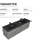 Dimensions and specifications of grey floating vanity 72 x 19 with dual sinks | Ace Decor