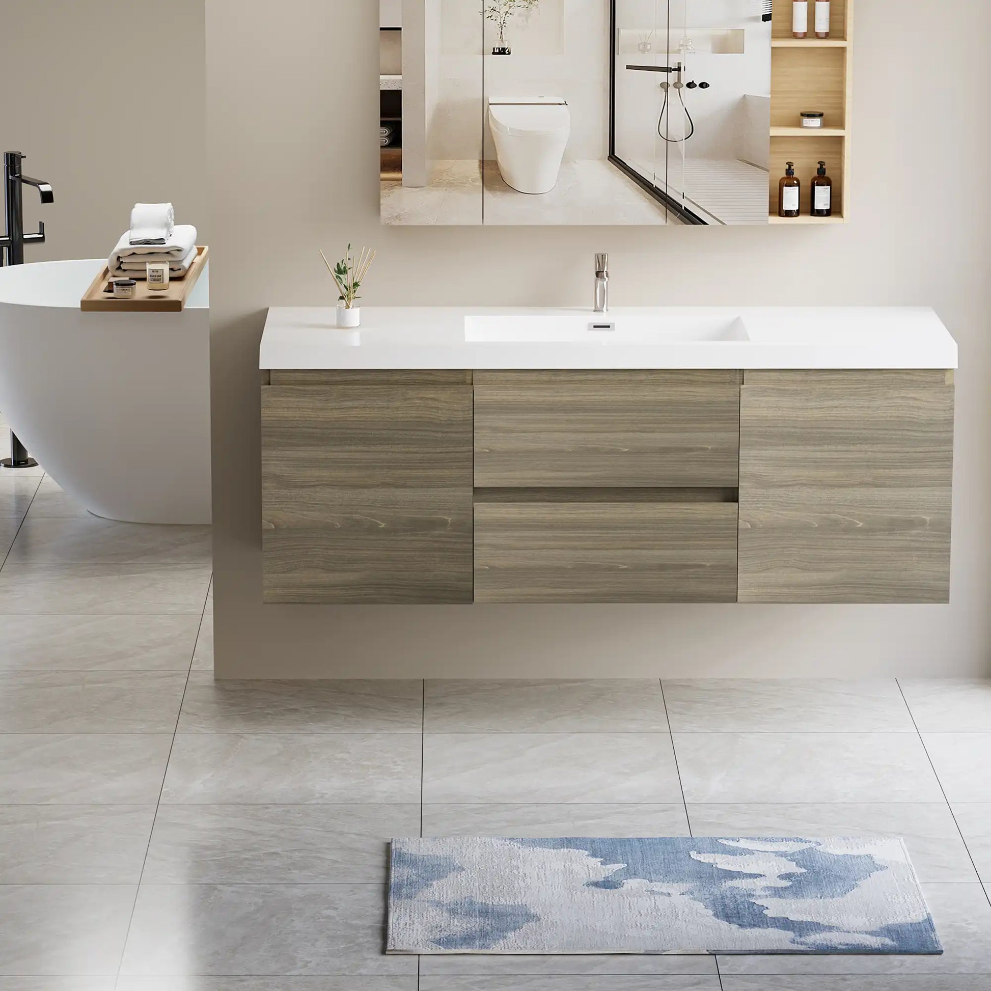 Modern Floating Bathroom Vanity with Resin Top Basin & Soft Close Drawers - Wall-Mounted Storage Cabinet color: Ash Grey