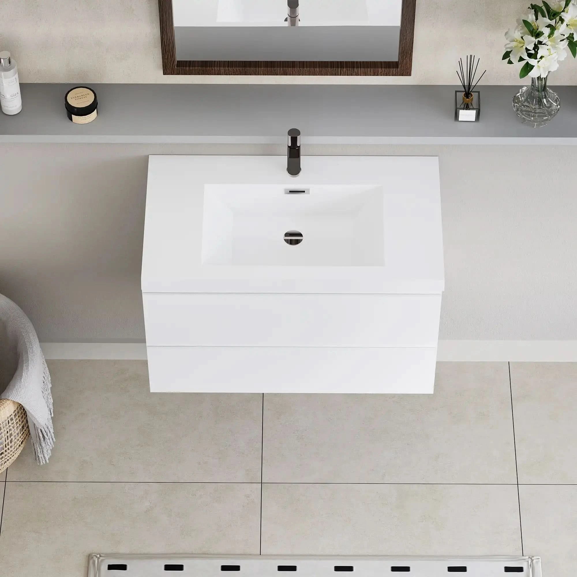 Floating Bathroom Vanity with Resin Top Basin &amp; Soft Close Drawers - Modern Wall-Mounted Storage Cabinet color: Glossy White