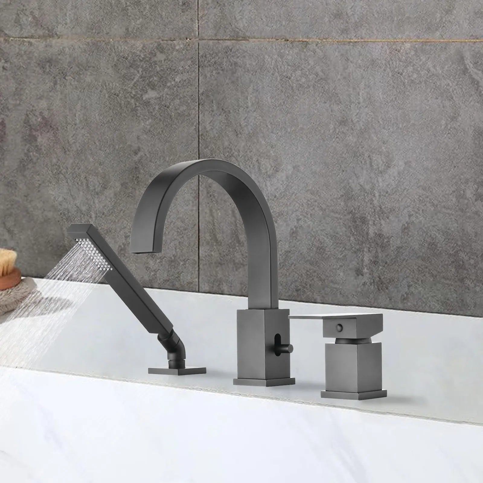 FLUNIX Matte Black Brass Waterfall Roman Deck Mounted Tub Faucet Set with Hand Shower