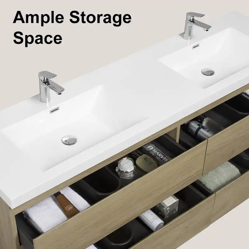 71 X 20 Modern Floating Double Sink Bathroom Vanity - Wall Mounted Storage Cabinet color: Oak