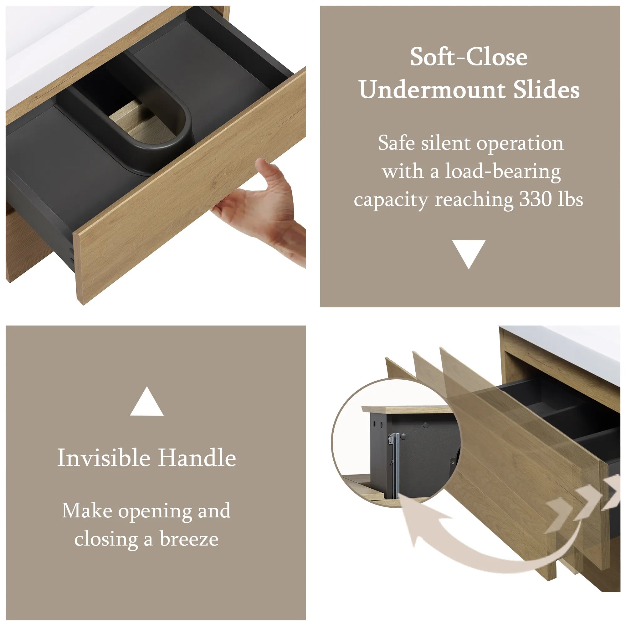 Light oak MDF bathroom vanity with soft-close drawers and hidden handles.