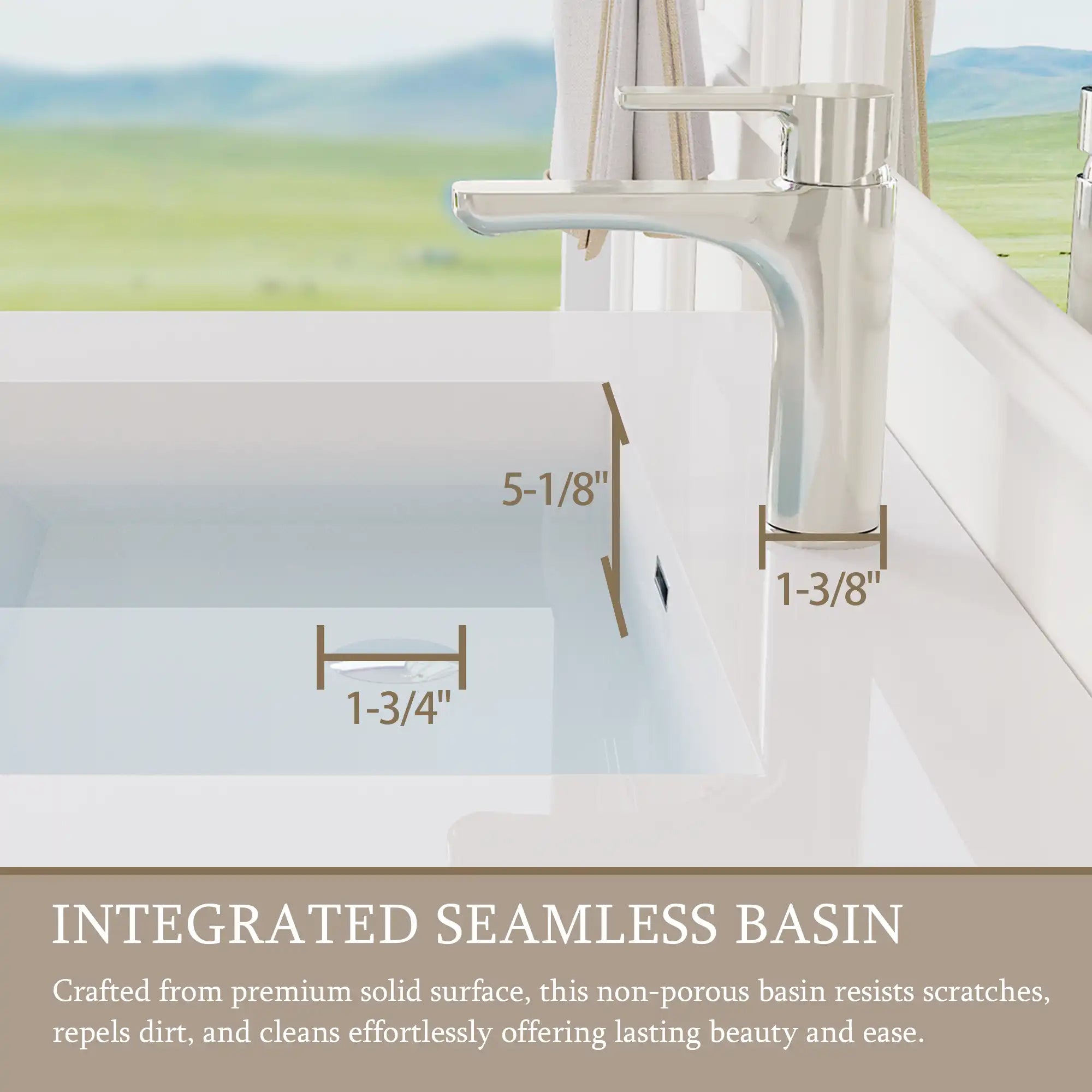 Integrated solid surface basin detail on 48 inch bathroom vanity with seamless design and smooth edges | Ace Decor