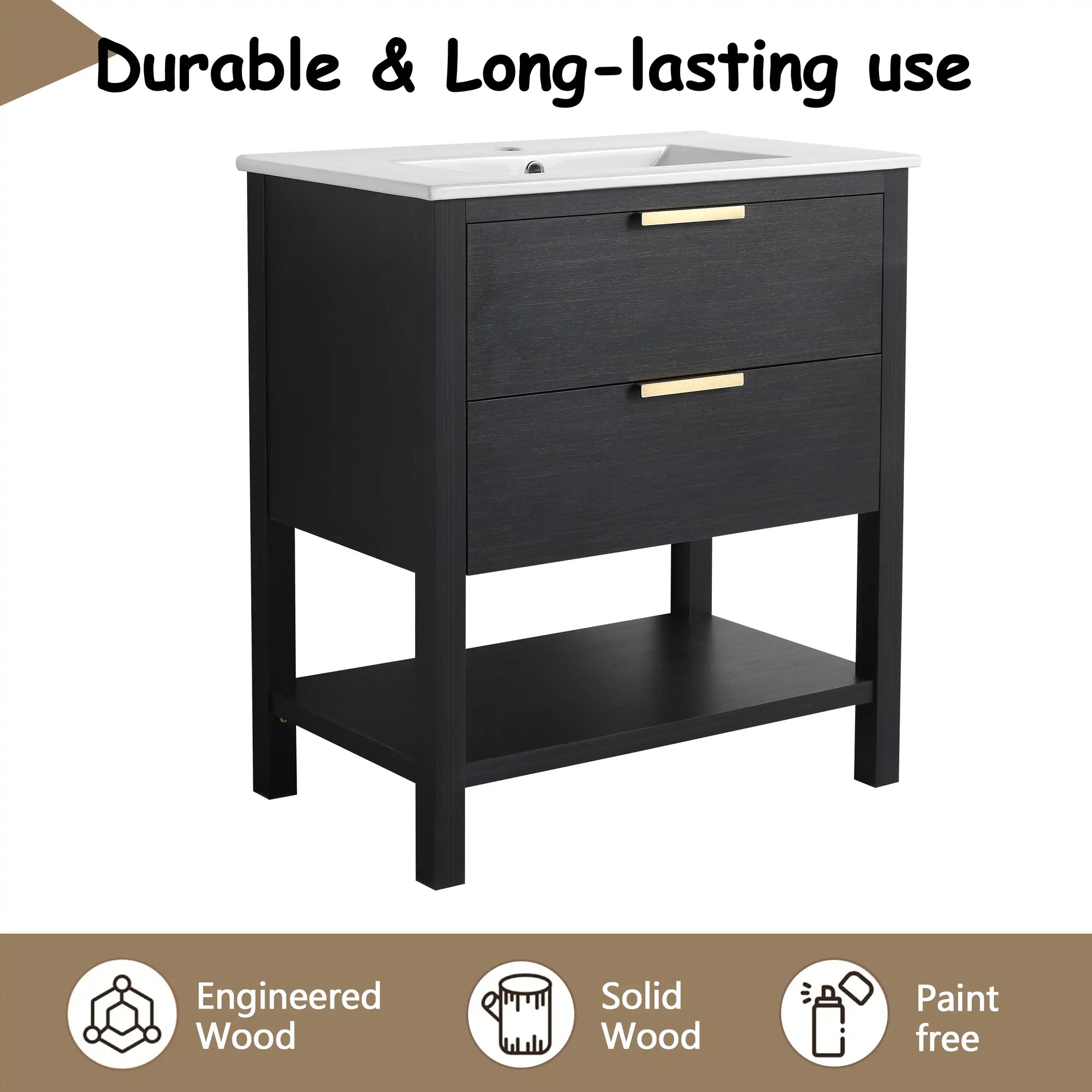 30" black vanity bathroom with durable engineered wood cabinet and white sink | Ace Decor