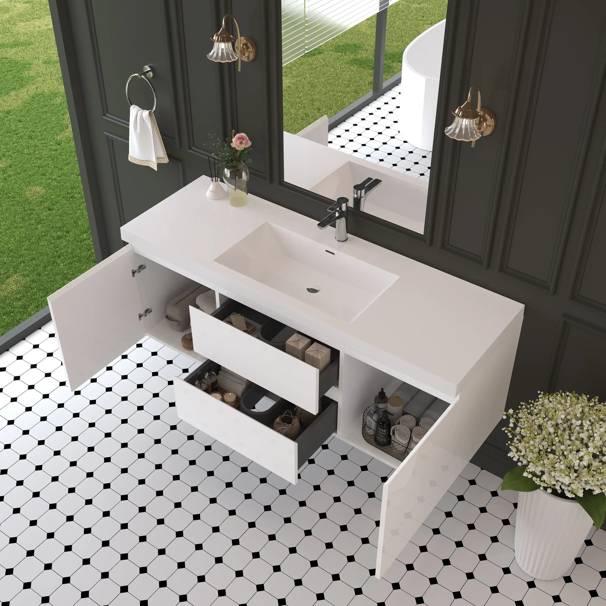59 inch bathroom vanity interior storage view with soft-close drawers and cabinet doors, white floating design | Ace Decor