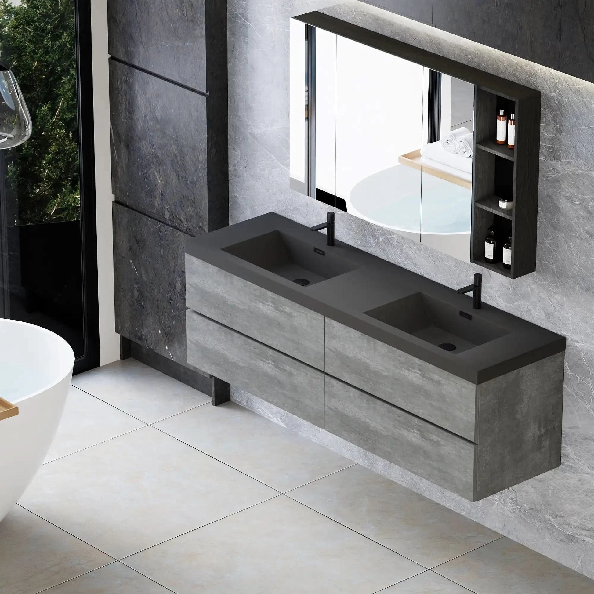 59/71" Grey Modern Floating Bathroom Vanity with Double Black Quartz Top & Soft Close Drawers color: Grey