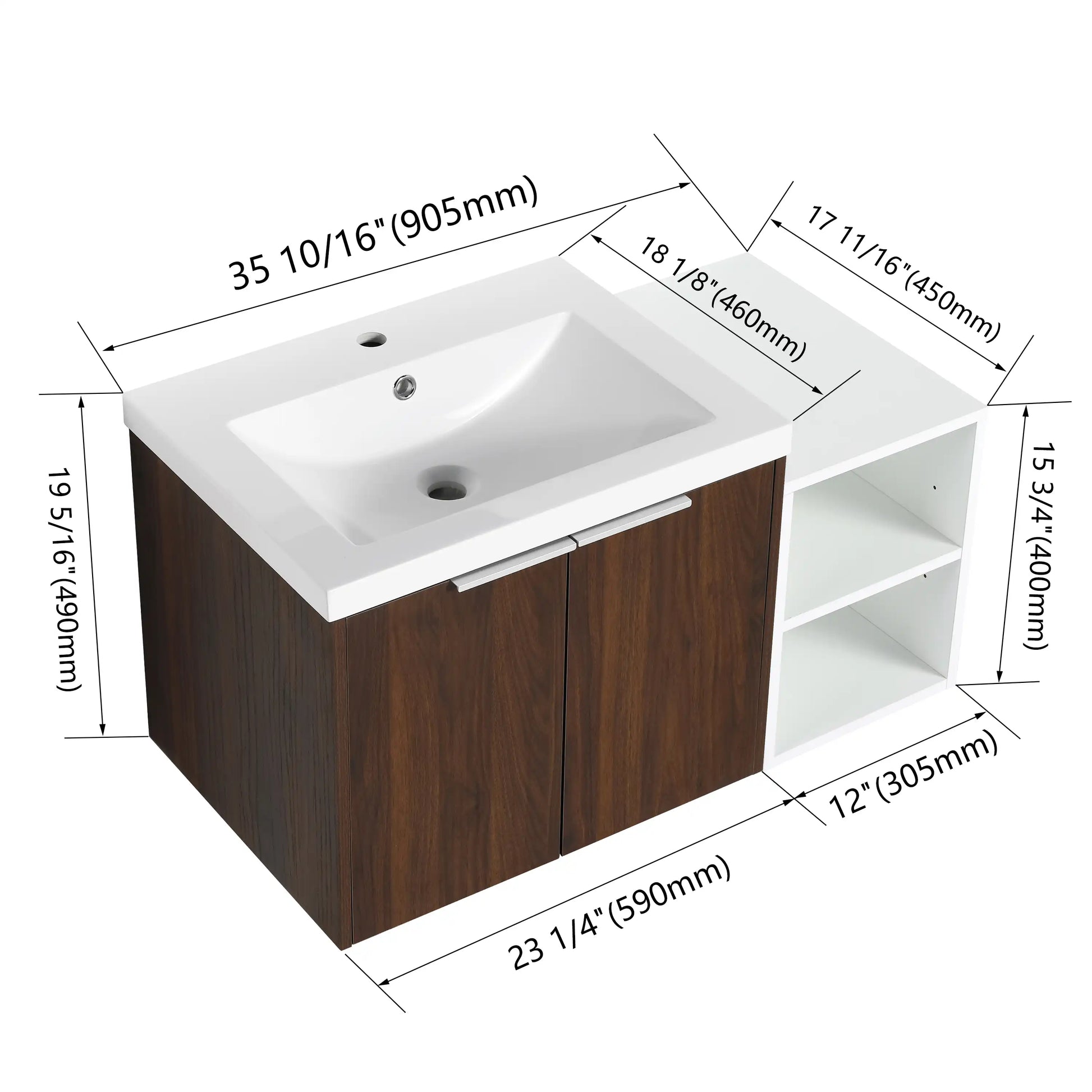 Floating Bathroom Cabinet with Sink & Soft-Close Doors - Ideal for Small Bathrooms color: California Walnut | size: 36 inch | combination: A Side Cabinet