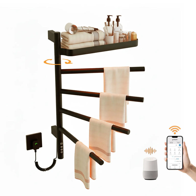 Cylion Series 18" x 27" Heated Towel Rack with 180° Rotating Shelf & Bars, Wi-Fi Timer – Black