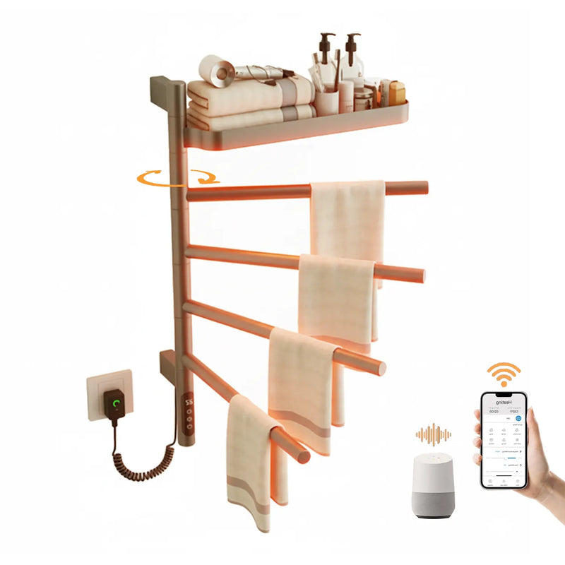 Cylion Series 18" x 27" Heated Towel Rack with 180° Rotating Shelf & Bars, Wi-Fi Timer – Gray