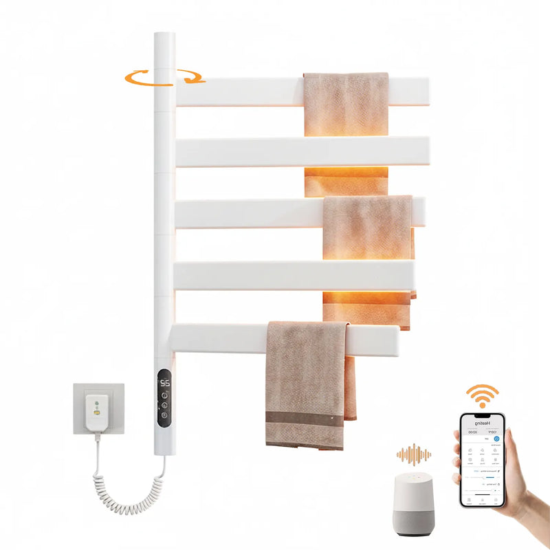 Velin Series 18" x 27" Smart Electric Towel Rack with 5 Rotating Flat Bars, LED Touch Control & Remote App – White