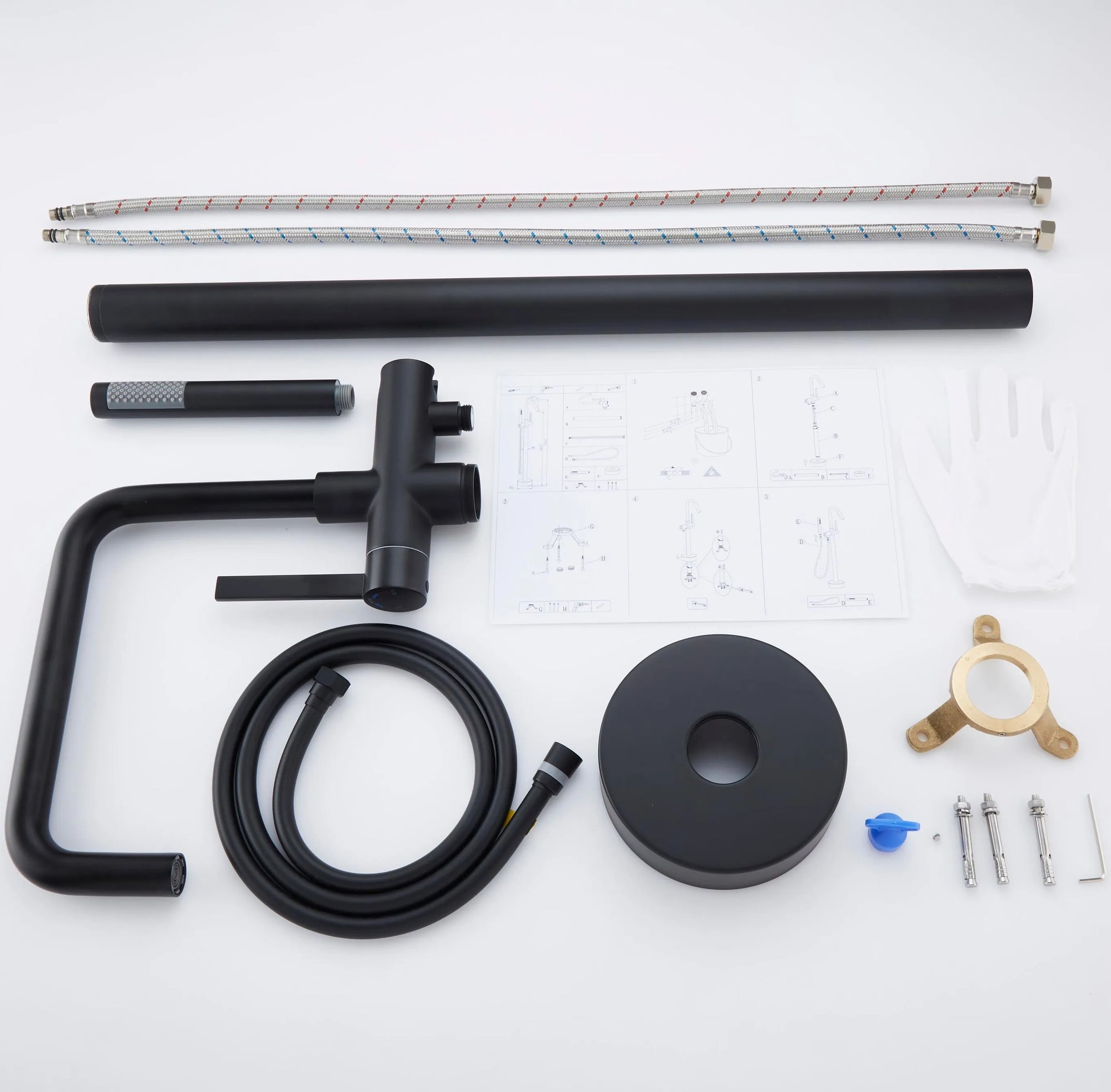 Full set of Black Freestanding Tub Faucet with parts, handheld shower, hoses, mounting hardware and installation accessories.