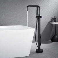 Black Freestanding Tub Faucet filling white bathtub.