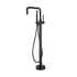 Modern Black Freestanding Tub Faucet with handheld shower, floor mounted design for contemporary bathroom.