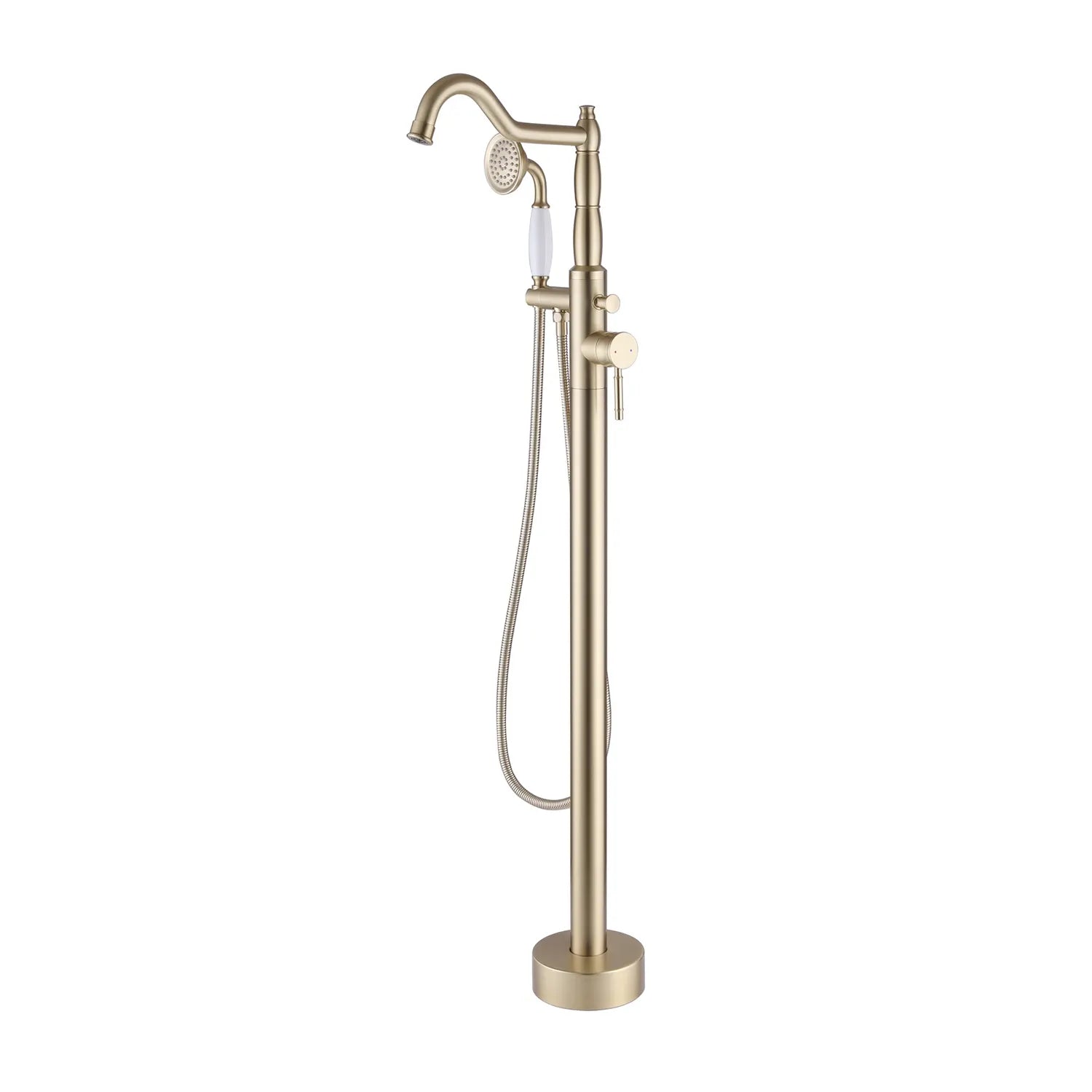 Brushed Gold Freestanding Tub Faucet with Handheld Shower – 45.28” Tall, 9.84” Showerhead