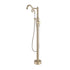 Brushed Gold Freestanding Tub Faucet with Handheld Shower – Modern Floor Mount Bathtub Filler, Durable Brass Construction, Luxury Bathroom Fixture.