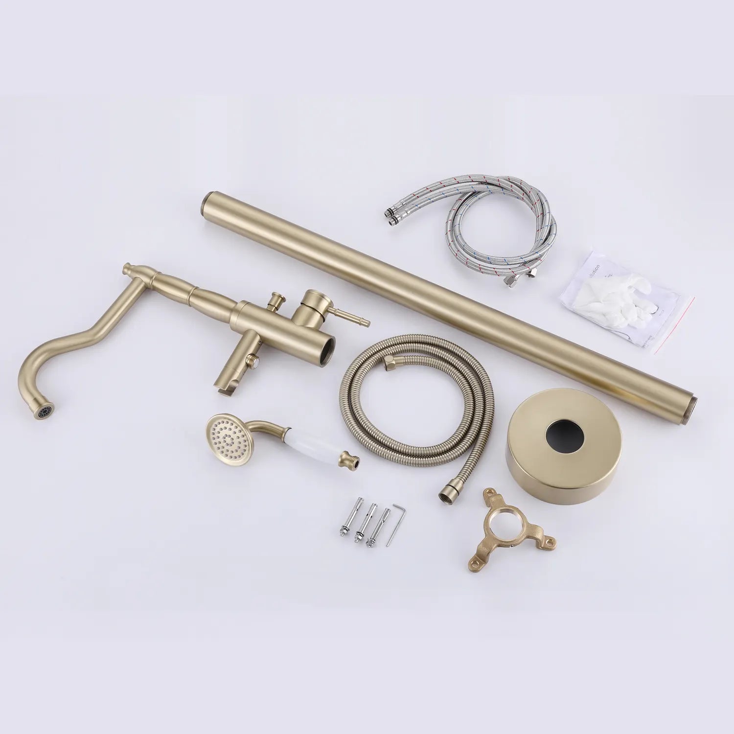 Brushed Gold Freestanding Tub Faucet with Handheld Shower – 45.28” Tall, 9.84” Showerhead