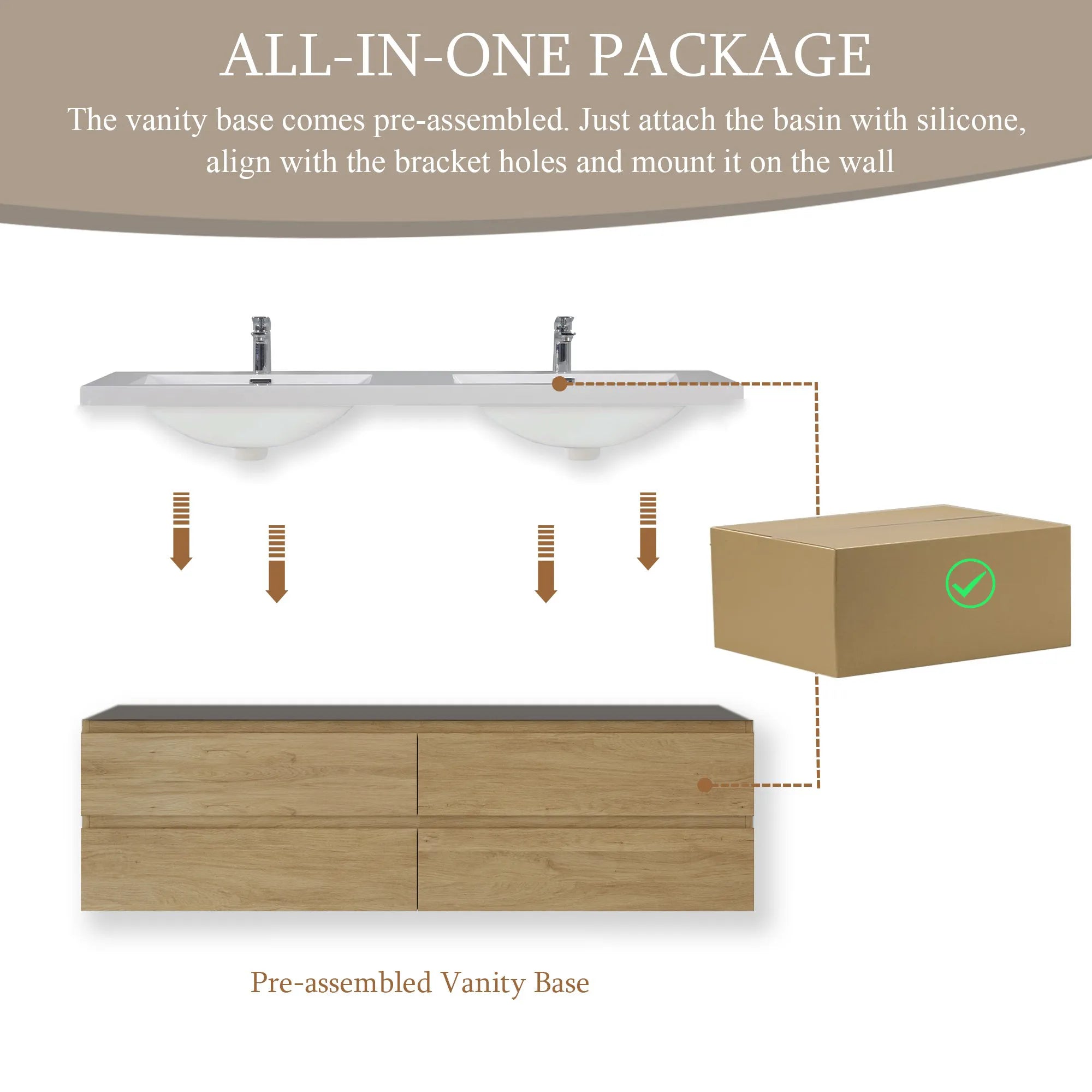 Pre-assembled wall-mounted light oak  bathroom vanity with pre-drilled mounting holes.