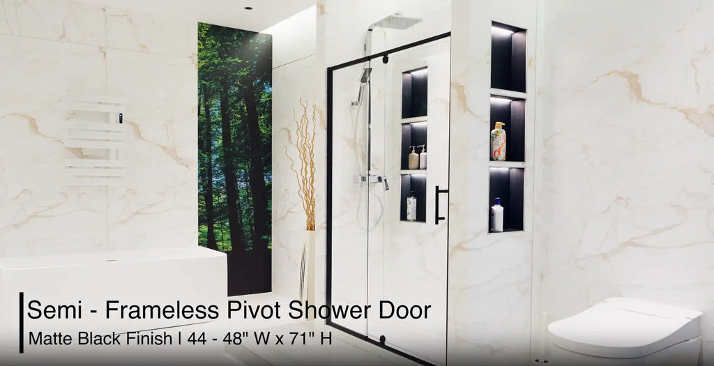 ACE Decor Cavare framed pivot shower door in matte black installed in a modern bathroom