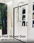 ACE Decor Cavare framed pivot shower door in matte black installed in a modern bathroom