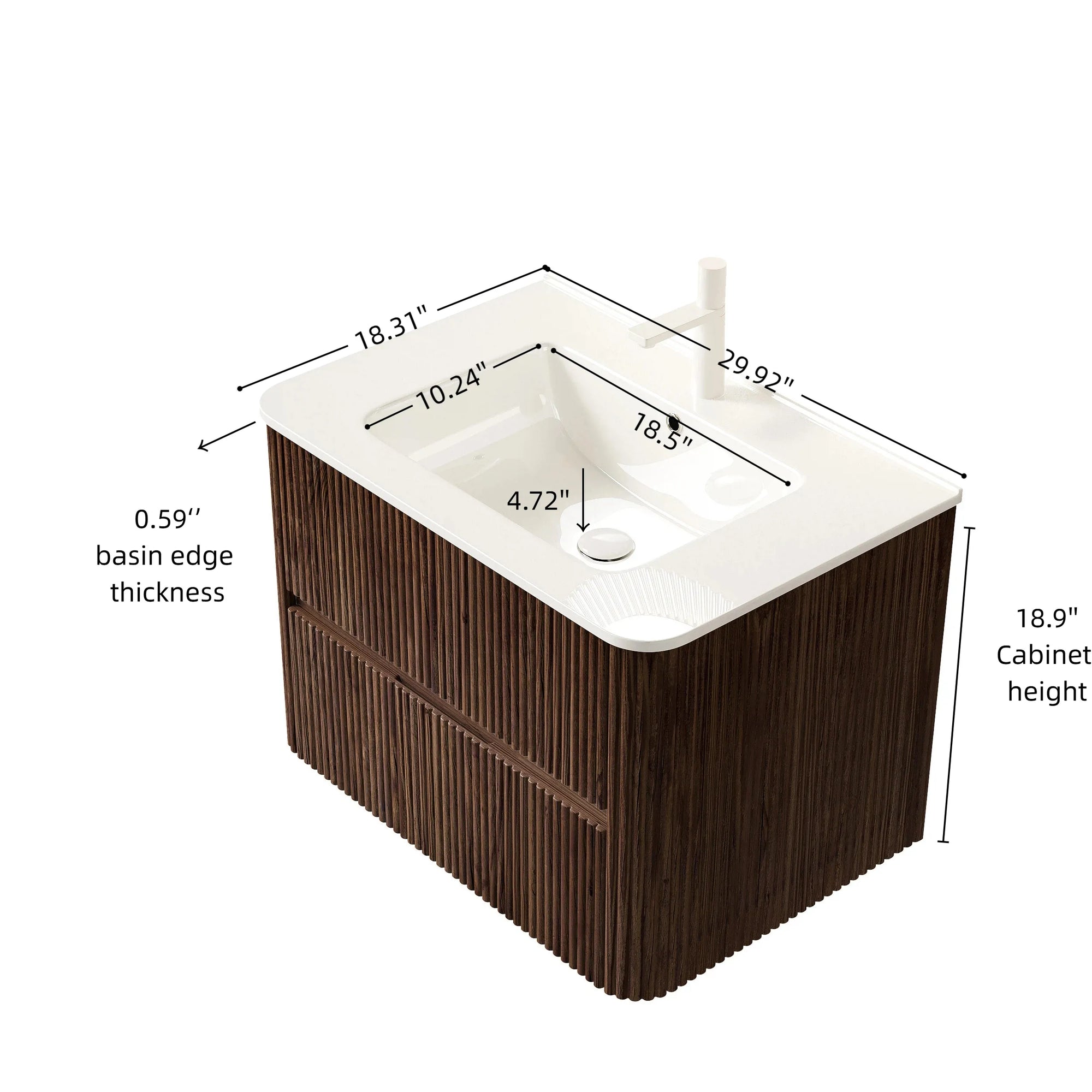 Ravello Series 30" Retro Walnut Wall-Mounted Vanity detailed dimensions with basin measurements.