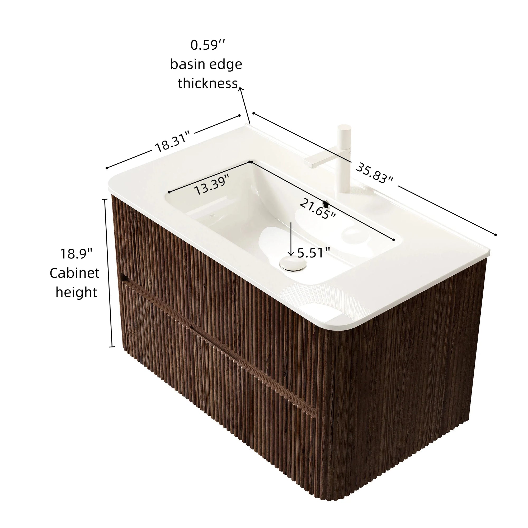 Ravello Series 36" Retro Walnut Wall-Mounted Vanity detailed dimensions with basin measurements.