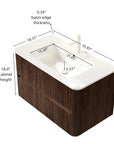 Ravello Series 36" Retro Walnut Wall-Mounted Vanity detailed dimensions with basin measurements.