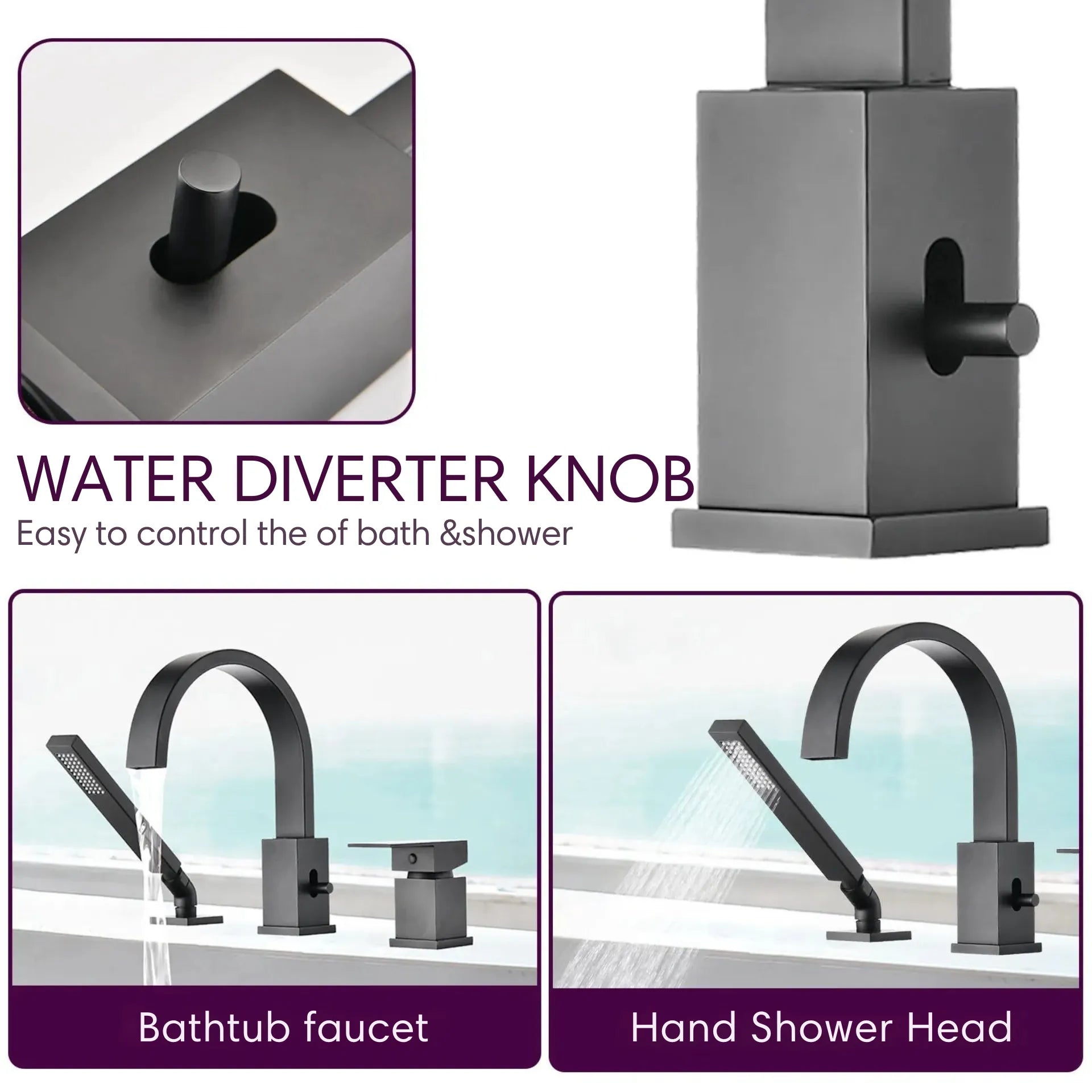 FLUNIX Matte Black Brass Waterfall Roman Deck Mounted Tub Faucet Set with Hand Shower