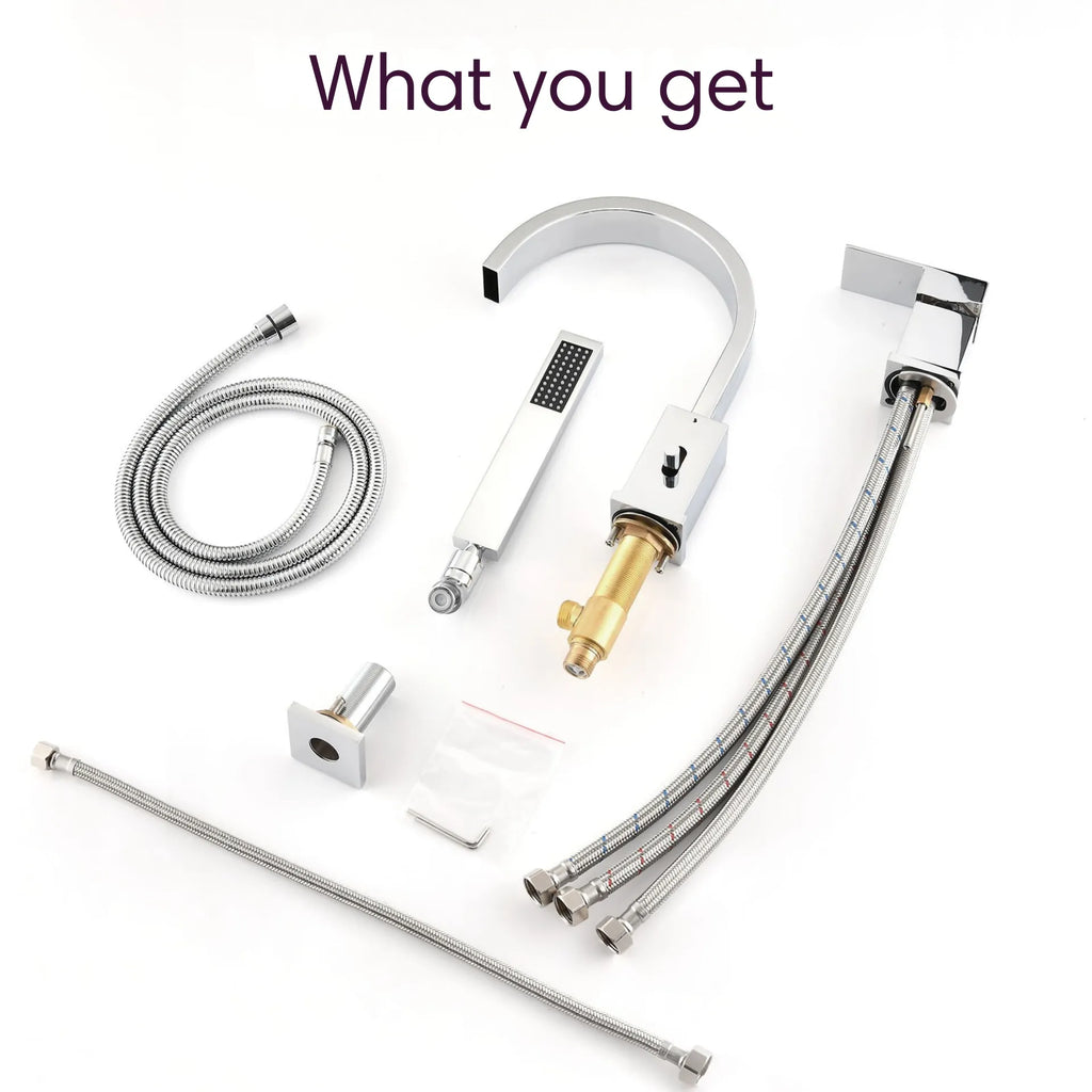 Complete package of FLUNIX Chrome Waterfall Roman Tub Faucet including spout, handheld shower, hoses, and installation parts.