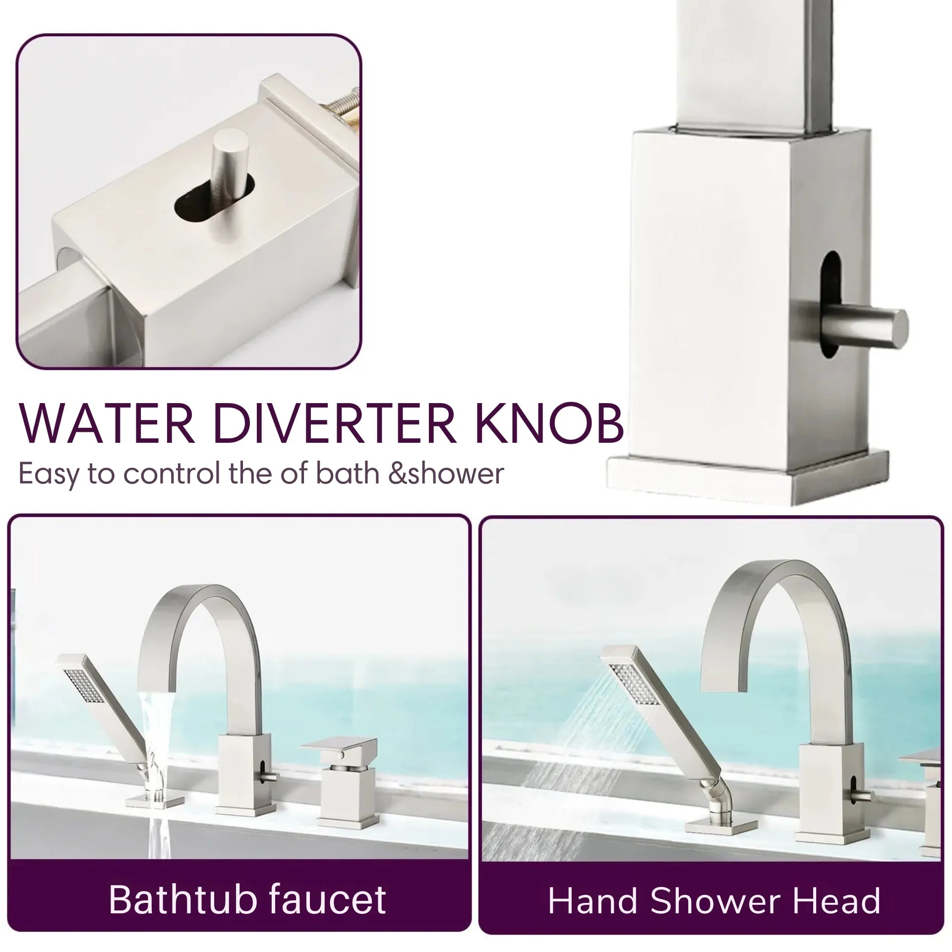 Brushed Nickel Brass Waterfall Roman Deck Mounted Tub Faucet Set with Hand Shower