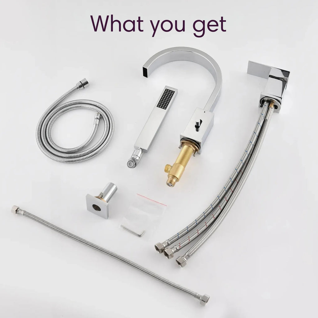 Complete package of FLUNIX Brushed Nickel Waterfall Roman Tub Faucet Set including spout, handheld shower, hoses, and installation parts.