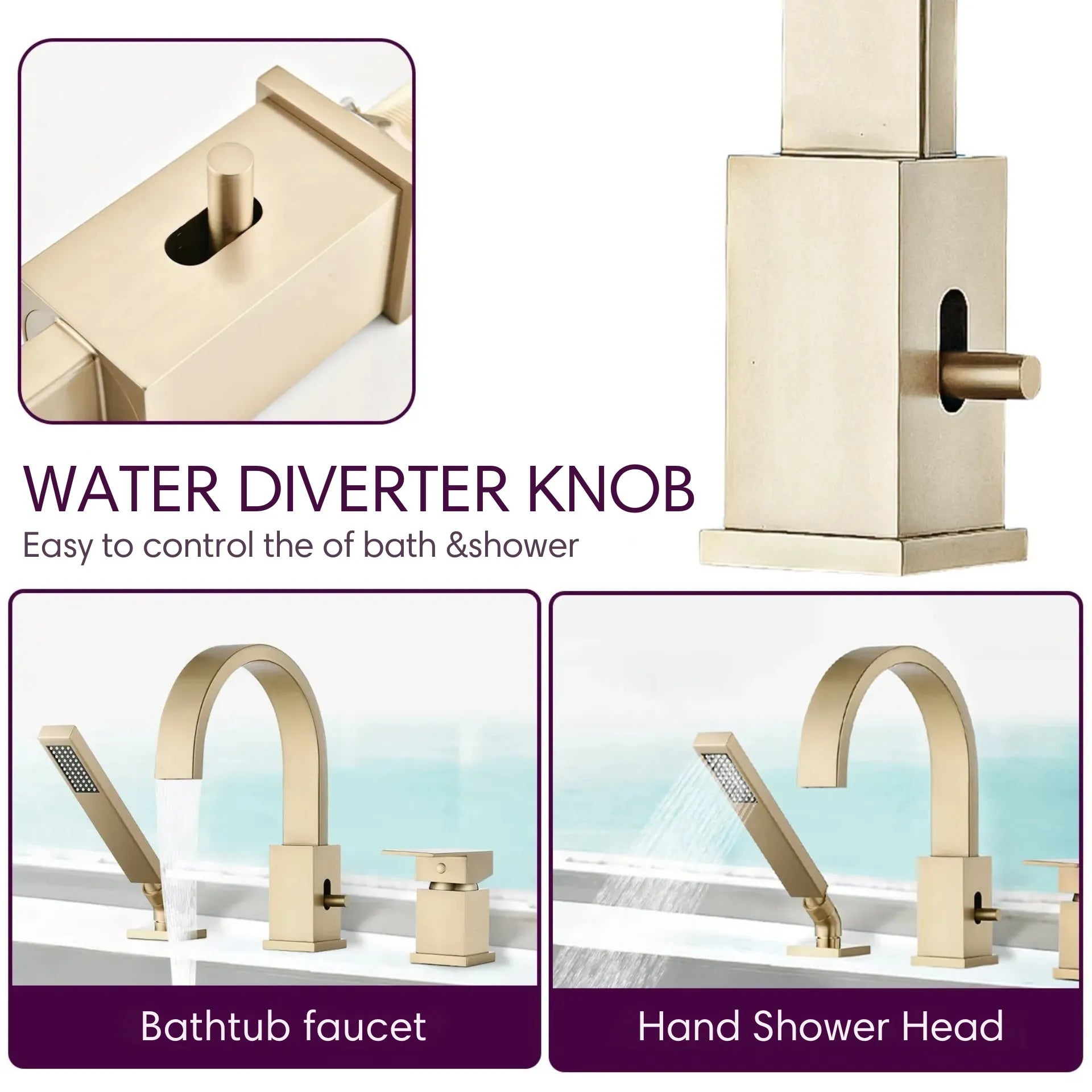 FLUNIX Brushed Gold Brass Waterfall Roman Deck Mounted Tub Faucet Set with Hand Shower