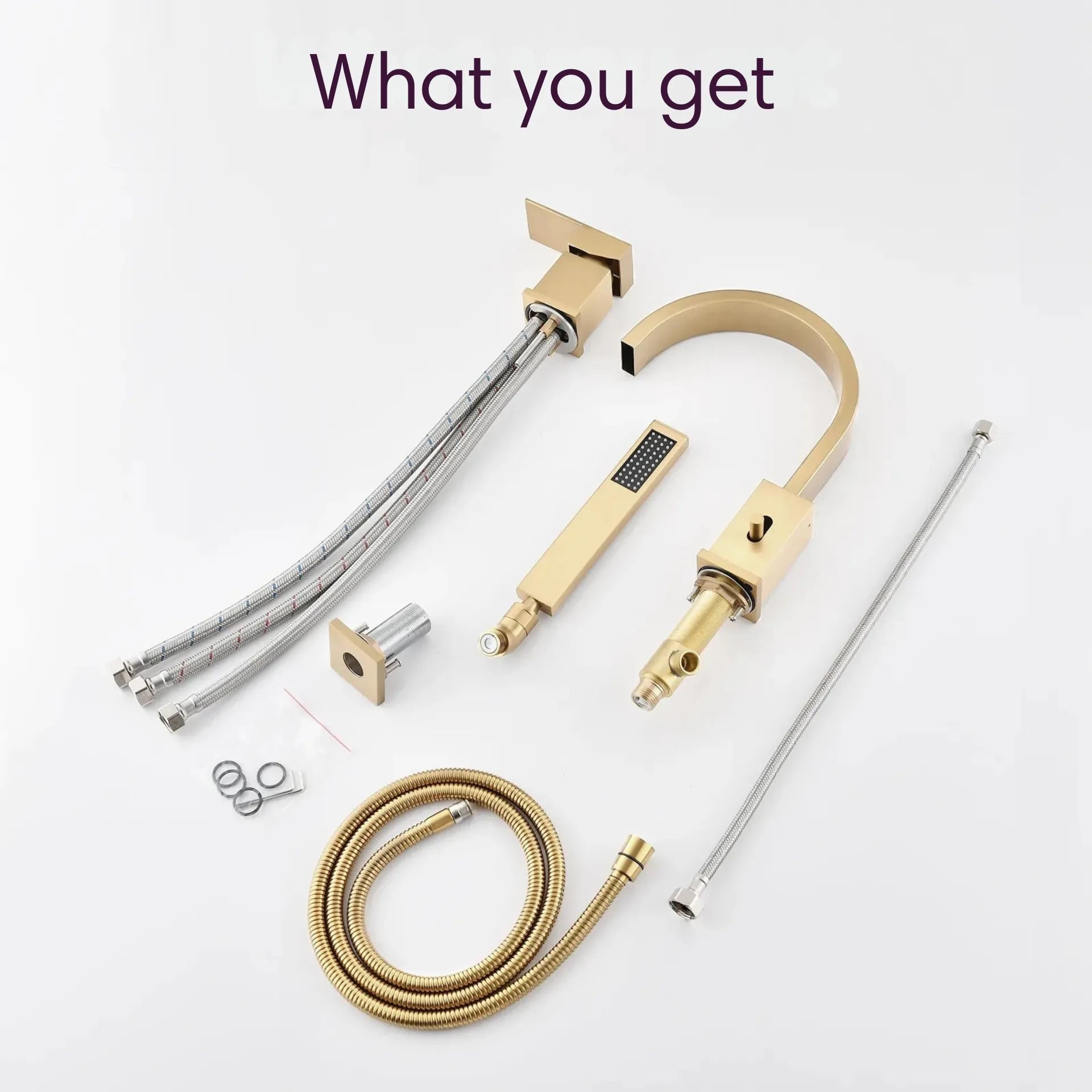 FLUNIX Brushed Gold Brass Waterfall Roman Deck Mounted Tub Faucet Set with Hand Shower