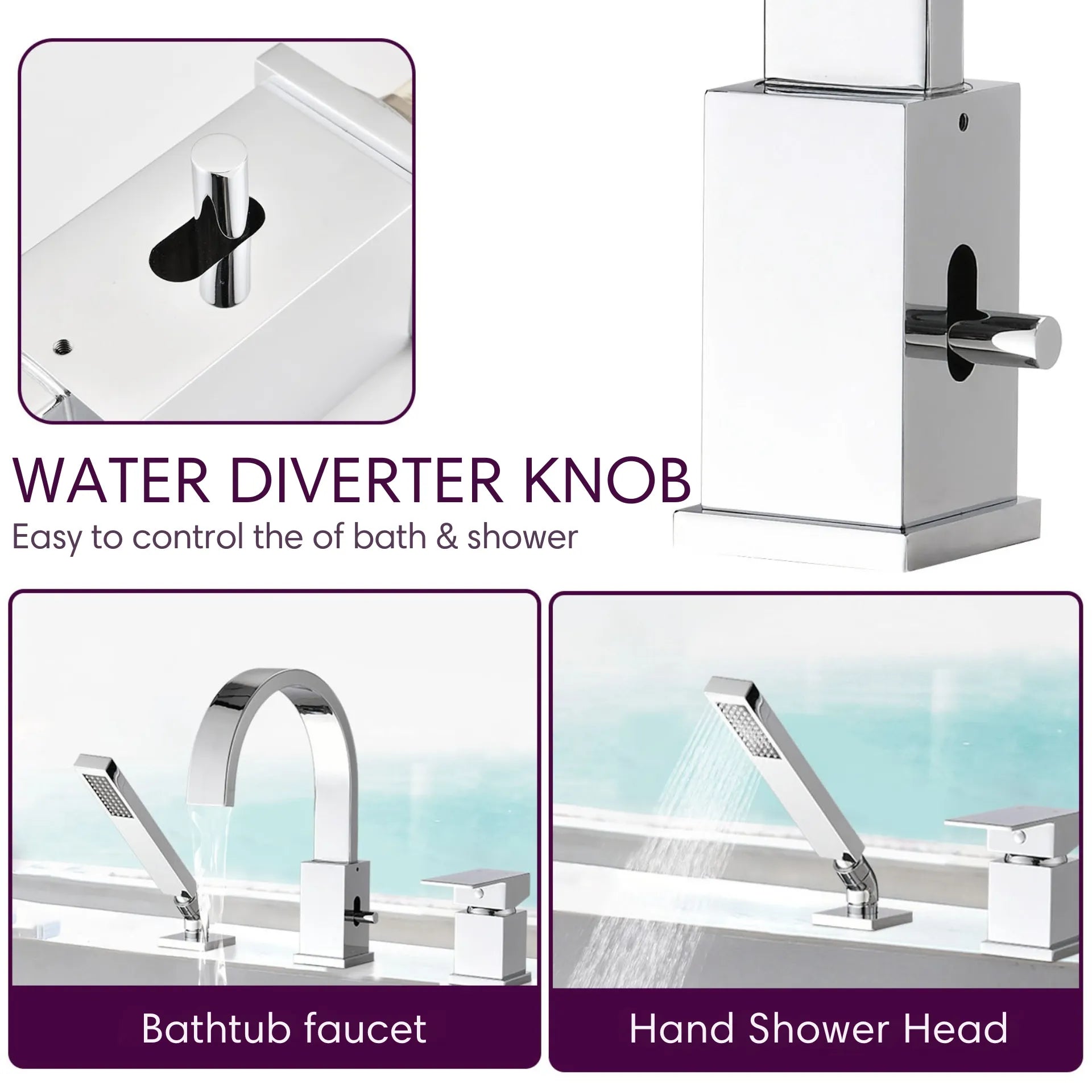 FLUNIX Chrome Brass Waterfall Roman Deck Mounted Tub Faucet Set with Hand Shower