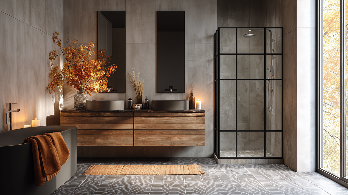Spa-like modern bathroom with a floating wooden vanity, freestanding tub, and glass shower, filled with natural light and autumn decor.