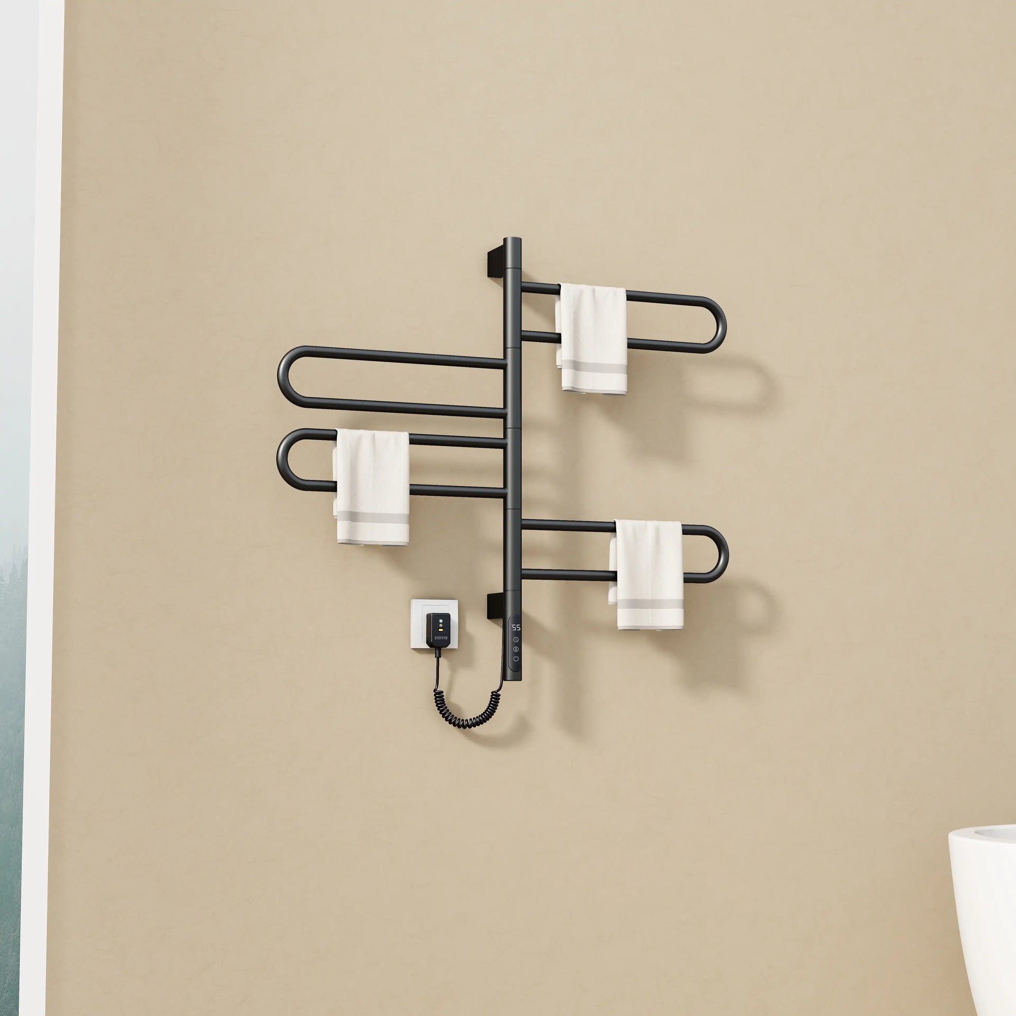 17 x 31 electric towel rack warmer in matte black with towels hanging on four curved bars | Ace Decor